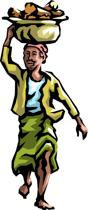 Vector Illustration of African Native Peasant Woman Carries Firewood for Cooking