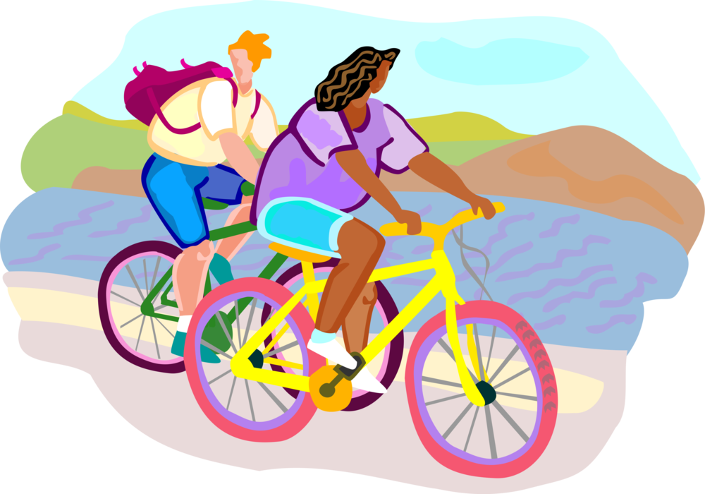 Vector Illustration of Cyclists Bicycle Riding Near Water