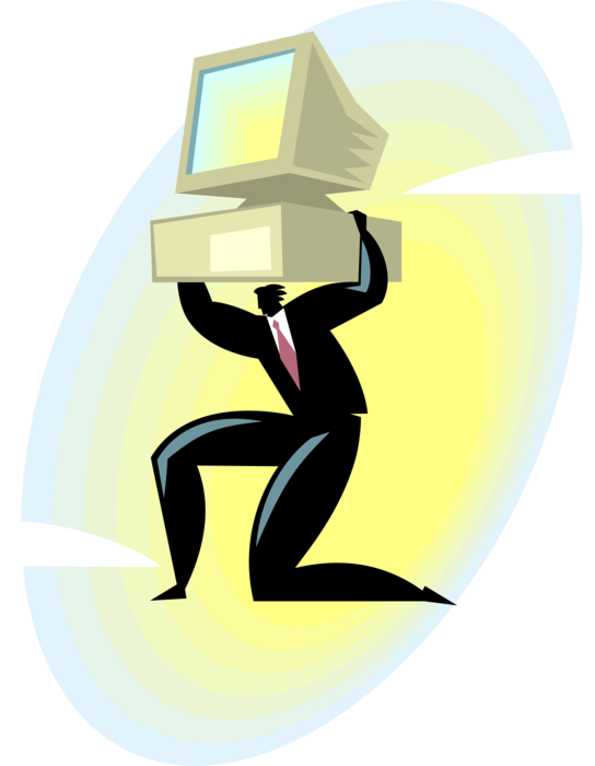 Vector Illustration of Businessman Hoists Computer Technology on Shoulders