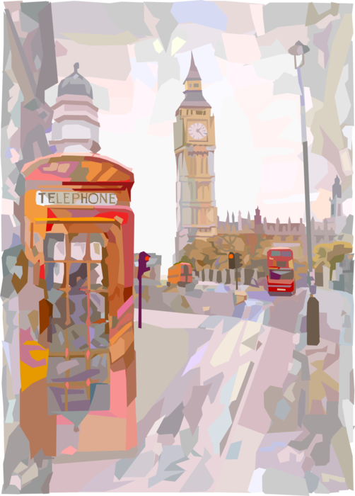 Vector Illustration of Public Telephone with Big Ben Clock Tower and Parliament, London, England
