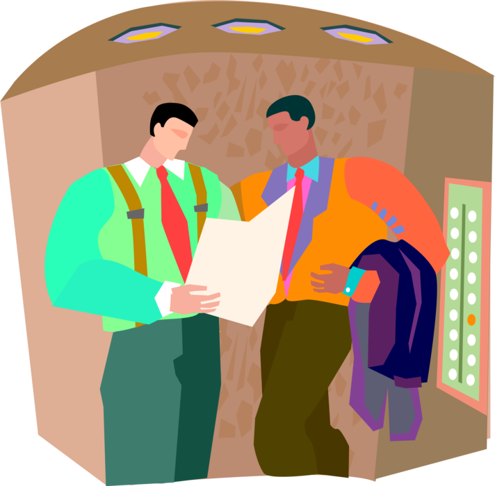 Vector Illustration of Business Colleagues Discuss Document in Elevator
