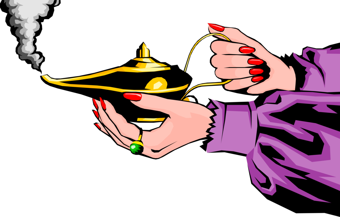 Vector Illustration of Female Hands Rub Aladdin's Magic Lamp