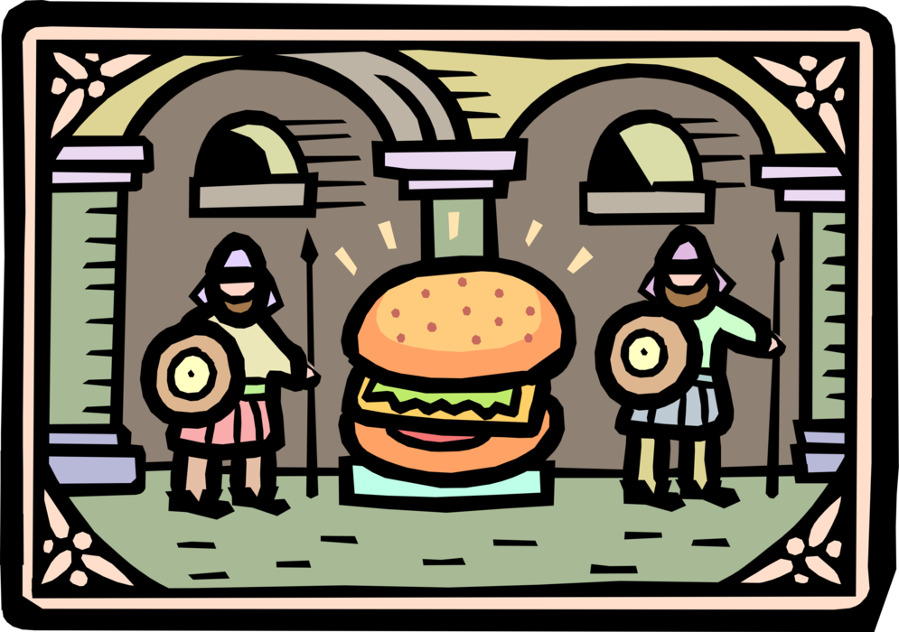 Vector Illustration of Hamburger Being Guarded in Middle Ages Medieval Castle