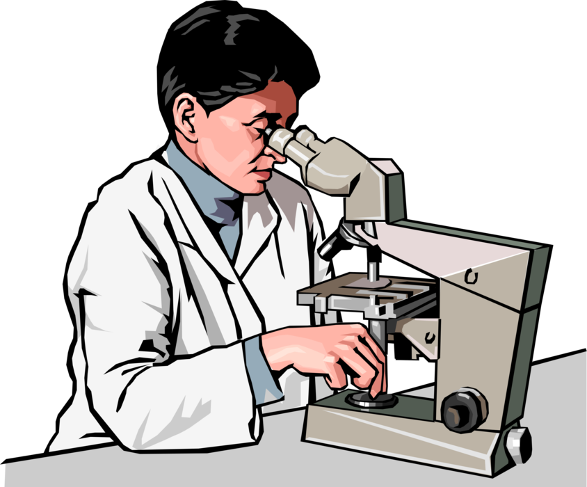 Vector Illustration of Research Scientist in Laboratory Looks through Microscope