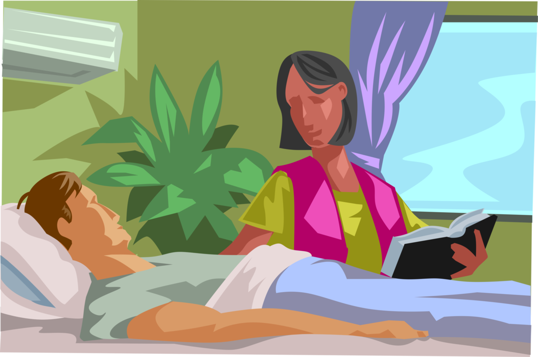 Vector Illustration of Hospital Room Patient in Bed Receives Visitation