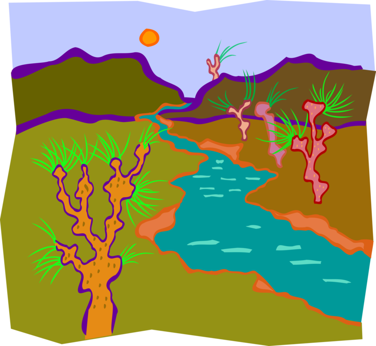 Vector Illustration of Stream or River Runs Through Countryside