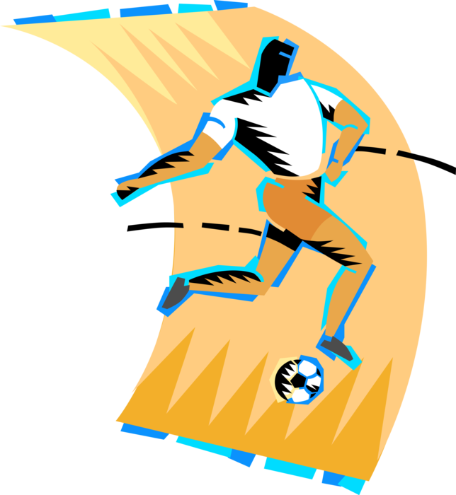 Vector Illustration of Sport of Soccer Football Player Moves the Ball Down the Pitch