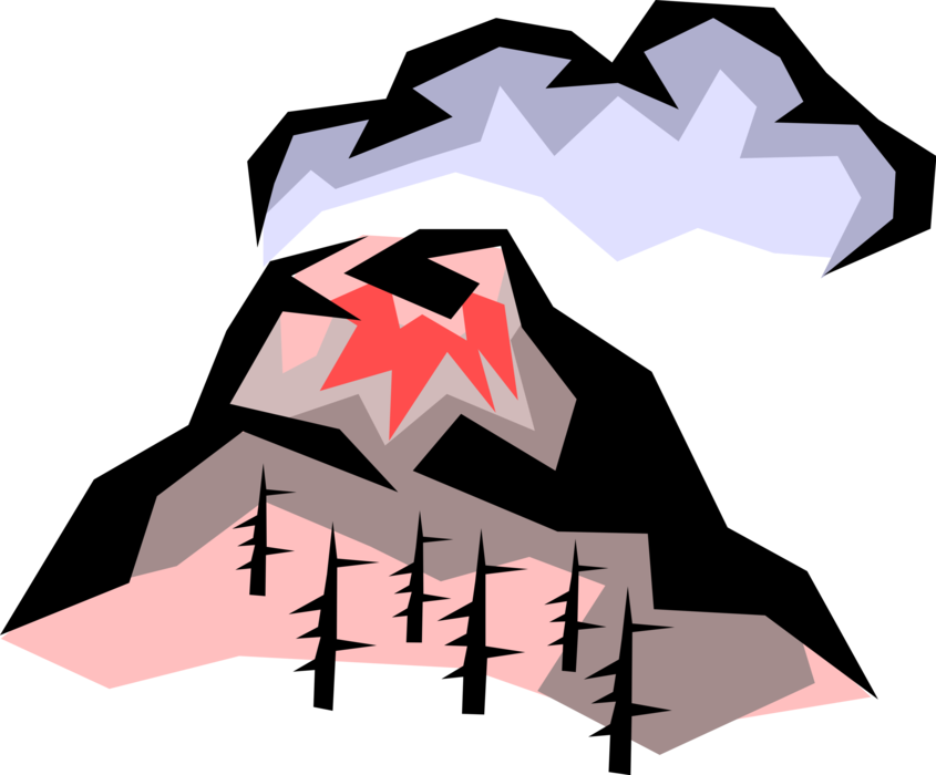 Vector Illustration of Volcano Violent Eruption with Cloud of Ash