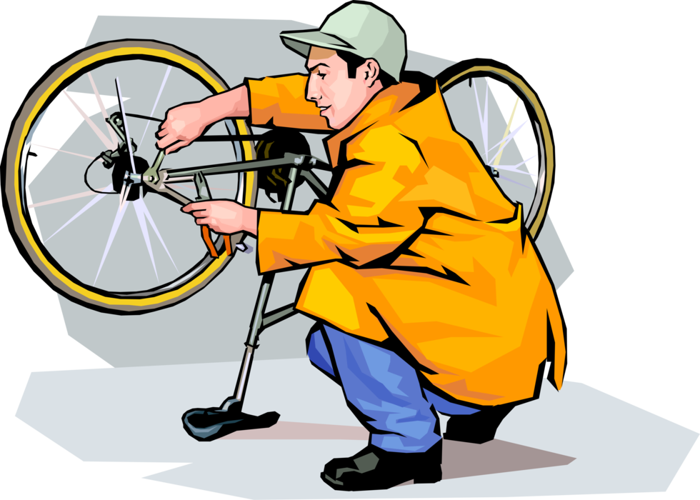 Vector Illustration of Bicycle Repair Technician Makes Adjustment to Bike