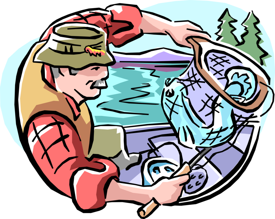 Vector Illustration of Sport Fisherman Angler on Lake in Motorboat Fishing Lands Large Fish in Net