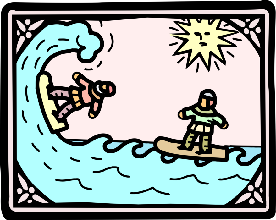 Vector Illustration of Medieval Middle Ages Surfers on Surfboards
