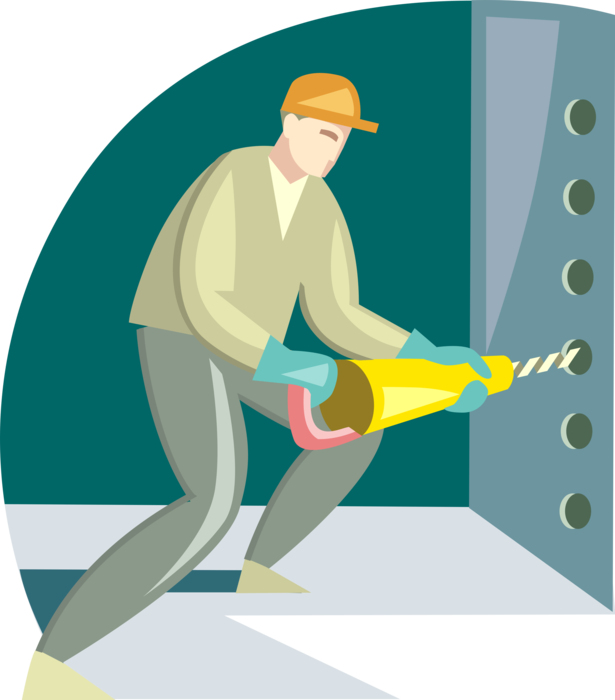 Vector Illustration of Construction Worker Drilling Holes with Large Drill