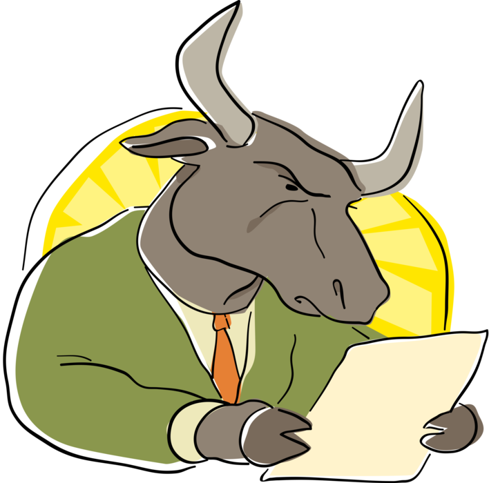 Vector Illustration of Business Wall Street Bull Reading the Stock Market Report