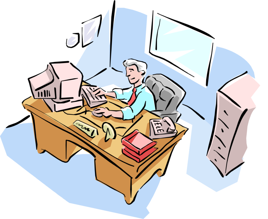 Vector Illustration of Businessman in Office Works at His Desk