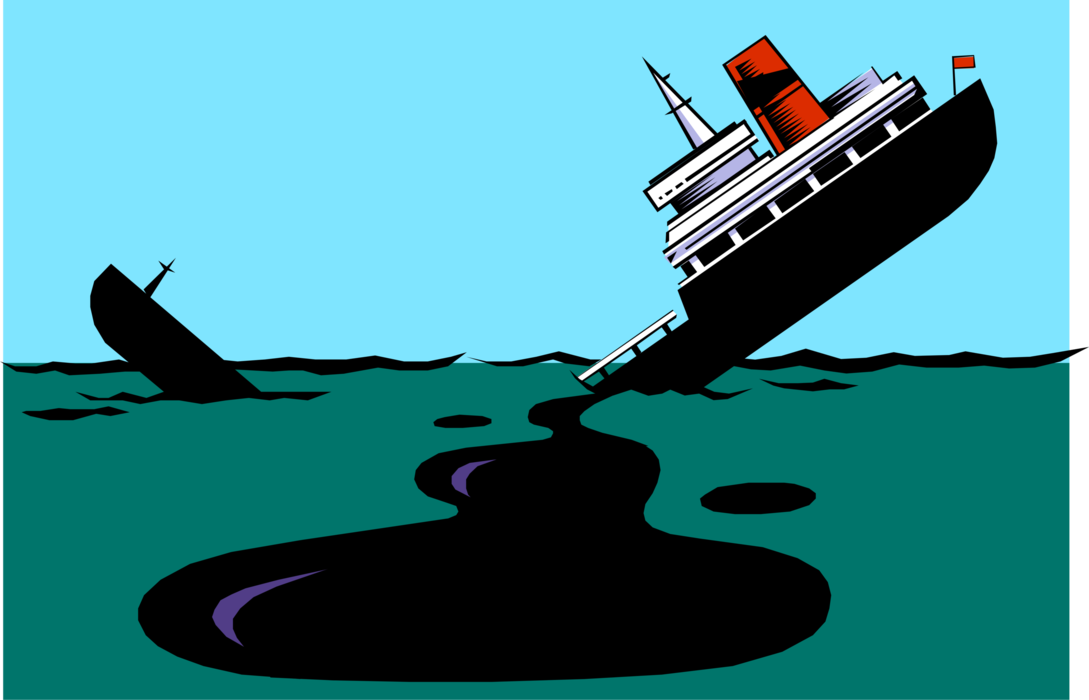 Vector Illustration of Marine Environmental Disaster Oil Spill with Sinking Ship