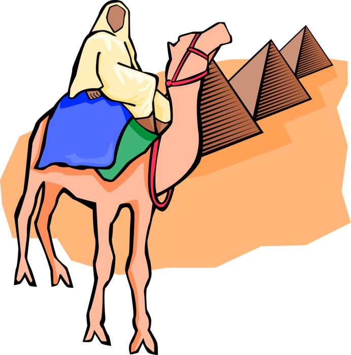 Vector Illustration of Ancient Egyptian on Beast of Burden Camel with Great Pyramids at Giza