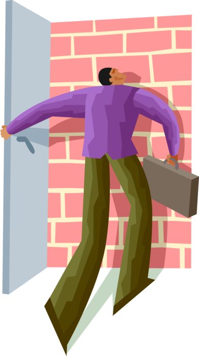 Vector Illustration of Businessman Opens Door and Walks Into Brick Wall