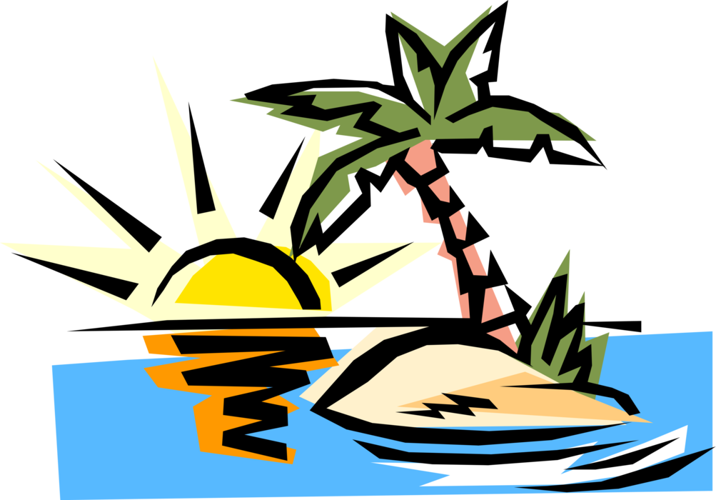 Vector Illustration of Deserted Island with Palm Tree and Sunset