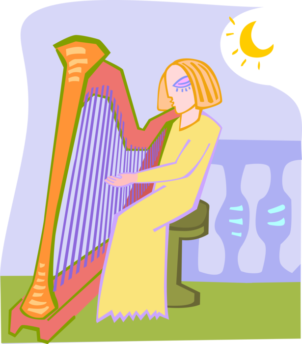 Vector Illustration of Harpist Musician Plays Harp Stringed Musical Instrument