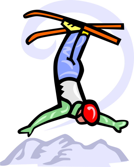 Vector Illustration of Acrobatic Skier on Skies Performs Acrobat Flip While Skiing