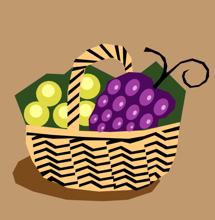 Vector Illustration of Fruit Basket with Plums and Grapes