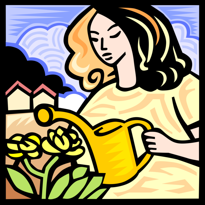 Vector Illustration of Woman Watering Flowers in Garden