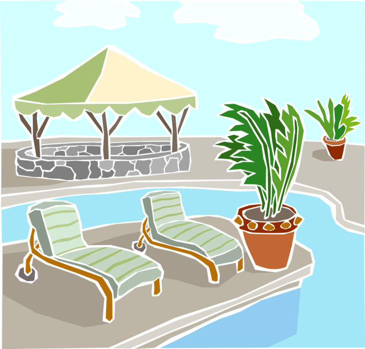 Vector Illustration of Vacation Resort Swimming Pool with Deck Chairs