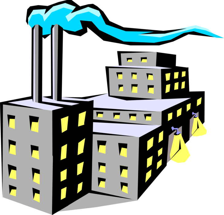 Vector Illustration of Industrial Manufacturing Factory Building with Smokestack Pollution