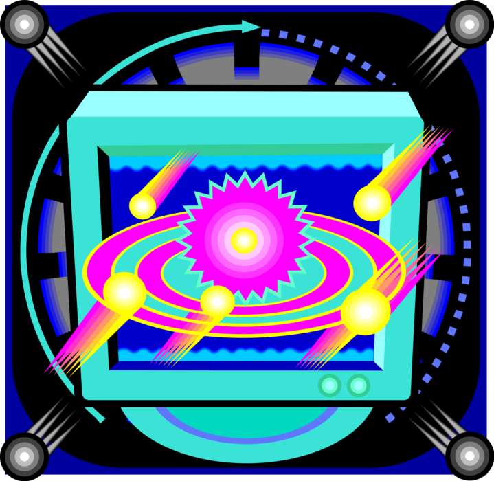 Vector Illustration of Atomic Science Atom Symbol with Nucleus, Neutrons, Protons and One or More Electrons