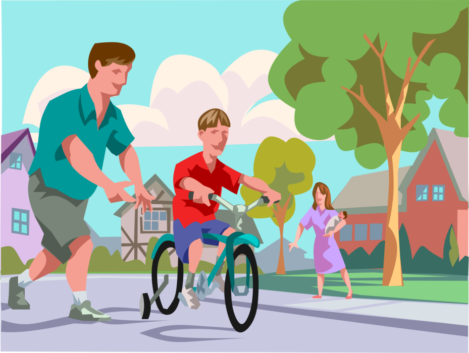 Vector Illustration of Father Teaching Son How to Ride Bike with Bicycle Training Wheels