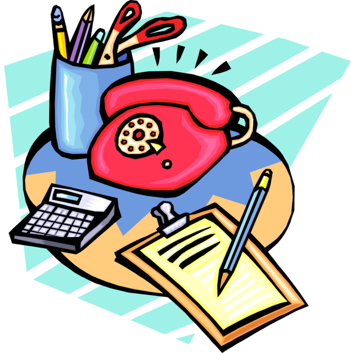 Vector Illustration of Office Desk with Notepad, Pencils and Pens, Telephone and Calculator