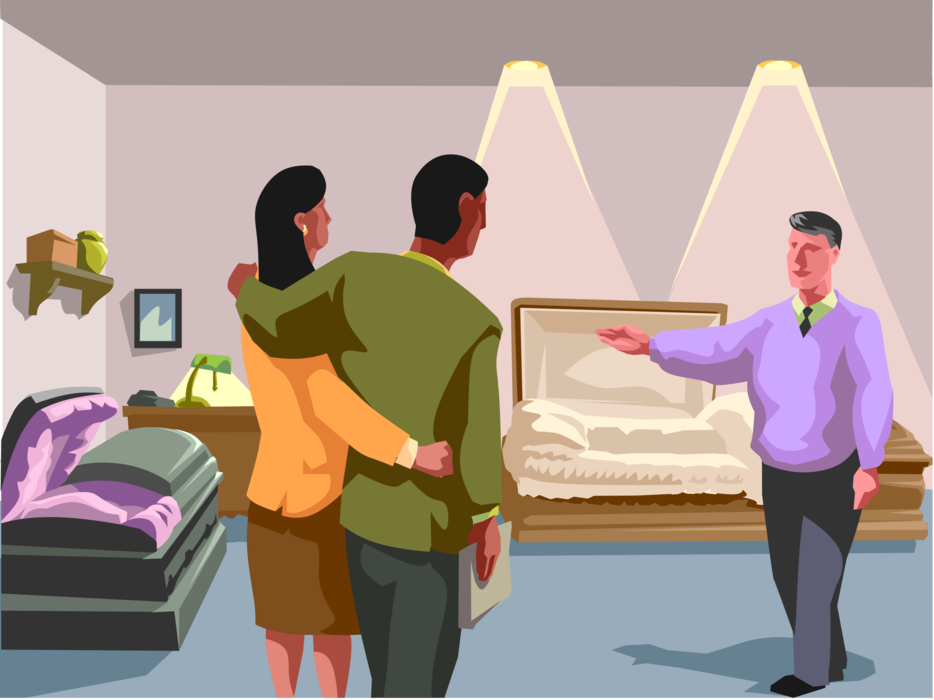 Vector Illustration of Bereaved Loved Ones at Funeral Home Selecting Coffin Casket