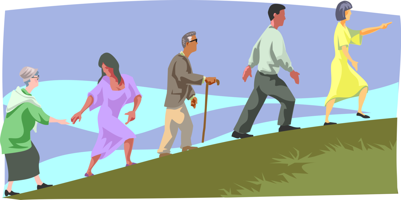 Vector Illustration of Providing Helping Hand to Elderly People Moving Up Hill