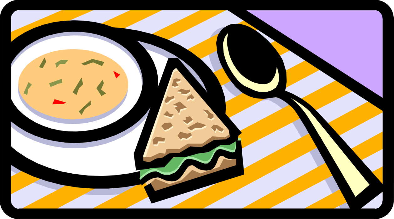 Vector Illustration of Lunch Soup and Sandwich on Dining Table with Spoon