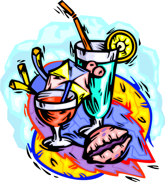 Vector Illustration of Tropical Alcoholic Cocktail Beverages on Summer Day