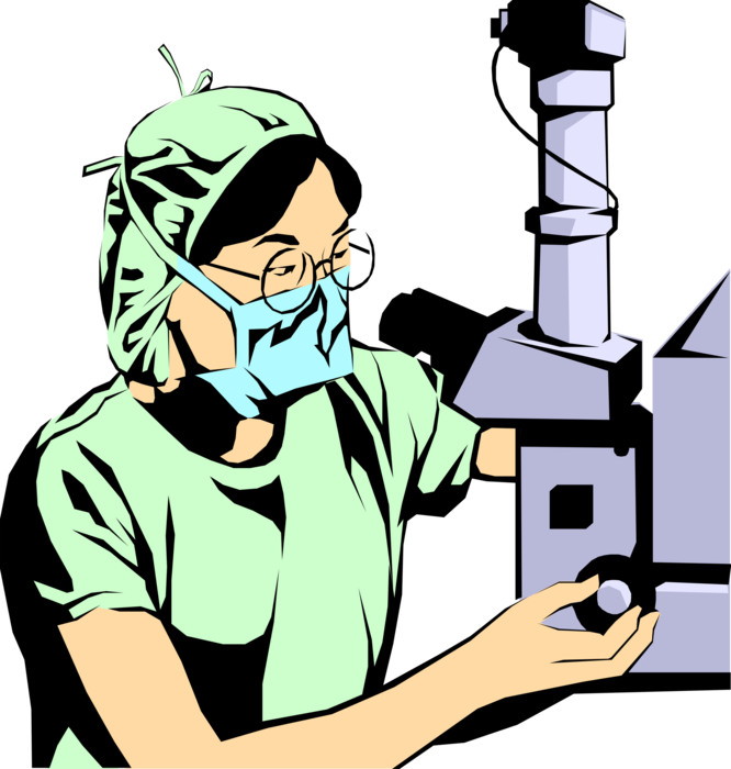 Vector Illustration of Doctor Performs Surgery in Operating Room with Microscope