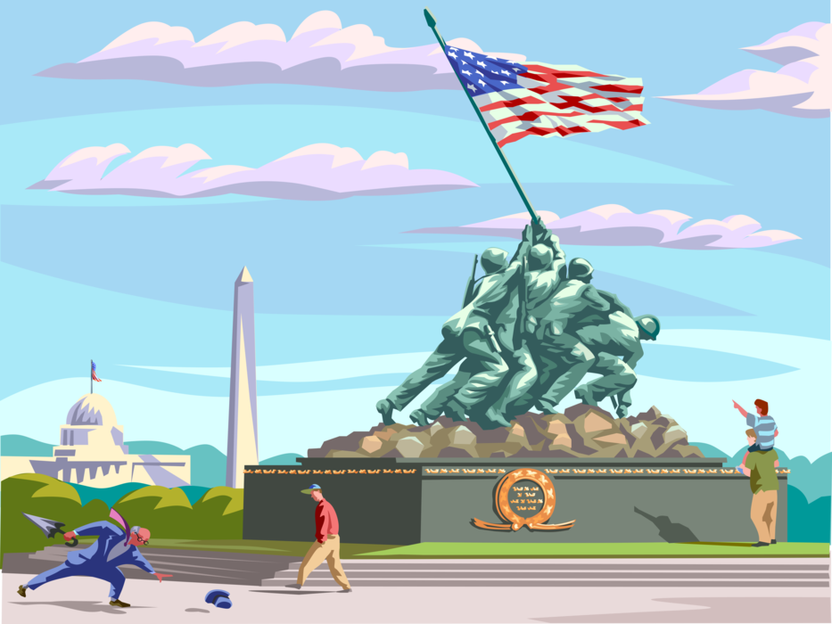 Vector Illustration of Marine Corp Memorial, Arlington, Virginia Flag on Mount Suribachi in Battle of Iwo Jima