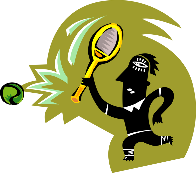 Vector Illustration of Tennis Player with Racket or Racquet Hits Ball