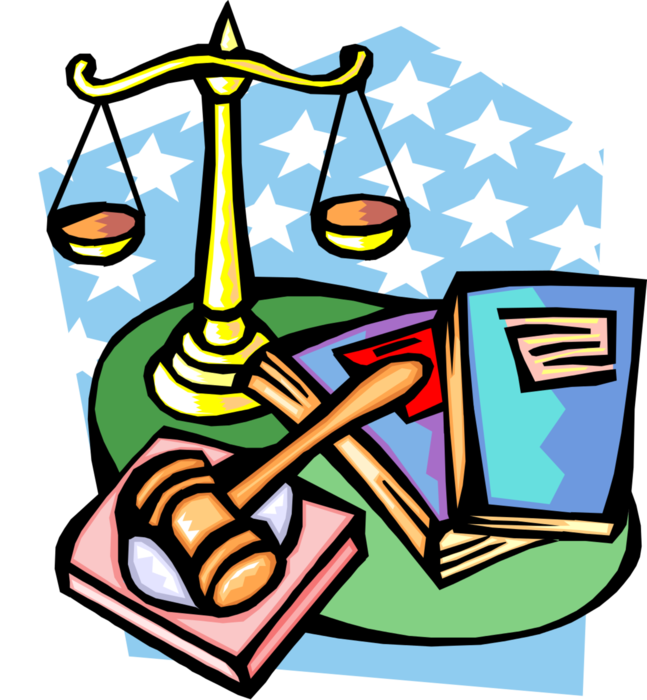 Vector Illustration of Justice Represented as Judge's Gavel with Scales and Legal Books
