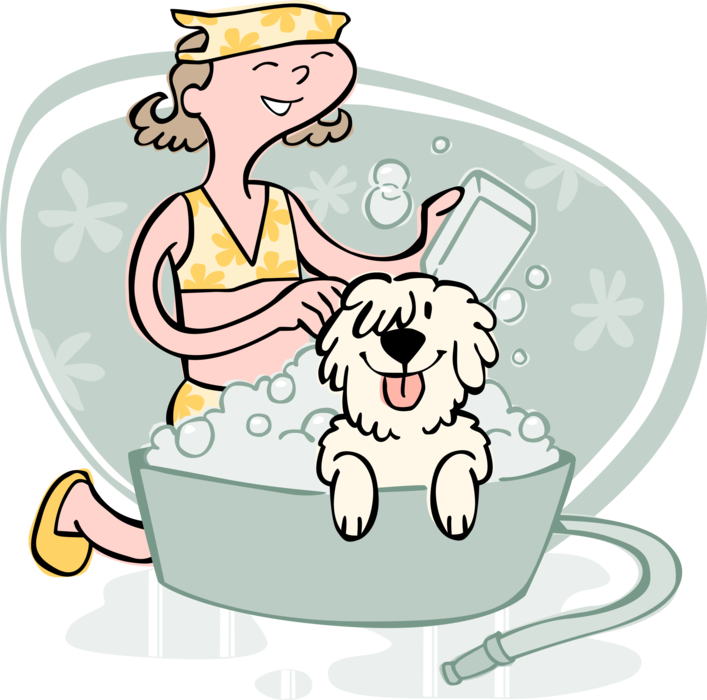 Vector Illustration of Family Pet Dog Gets Soapy Bath in Outdoor Bathtub