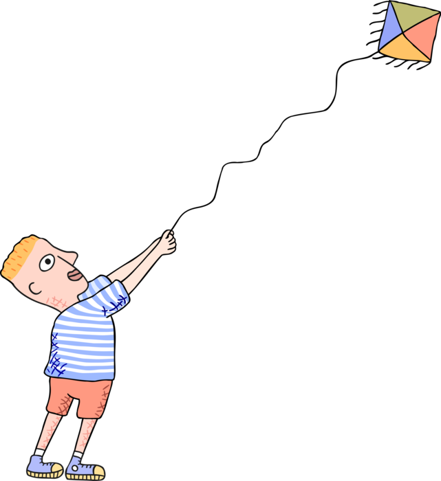 Vector Illustration of Kid Flying Kite in Wind