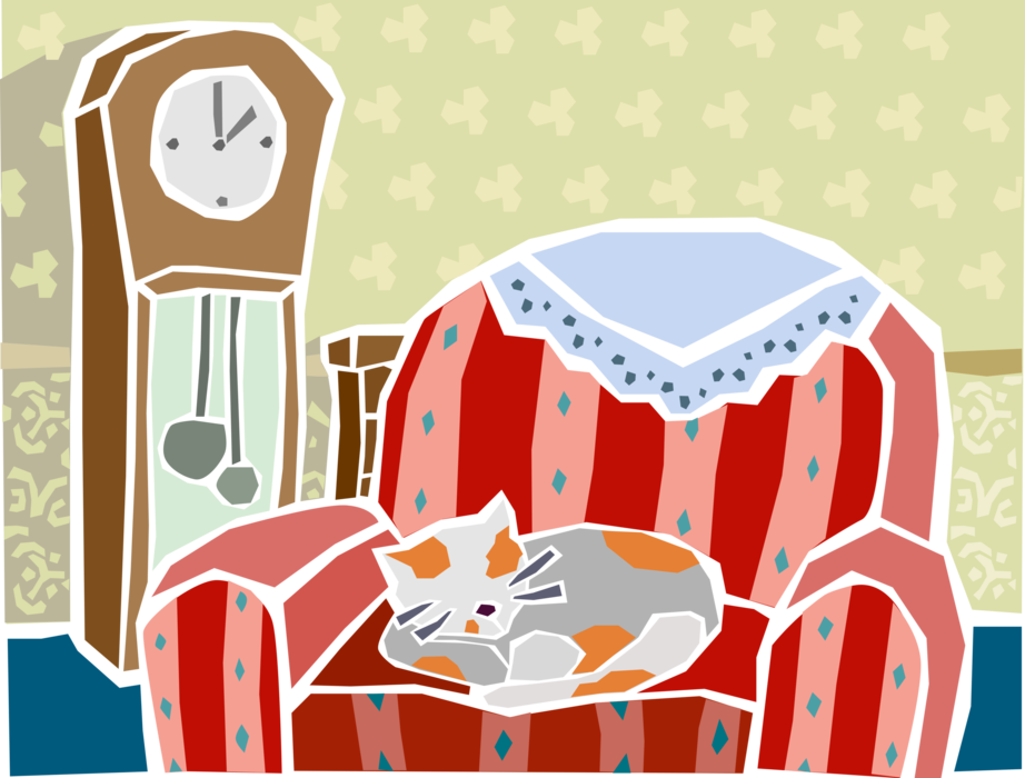 Vector Illustration of Small Domesticated Family Pet Kitten Cat Sleeping in Chair