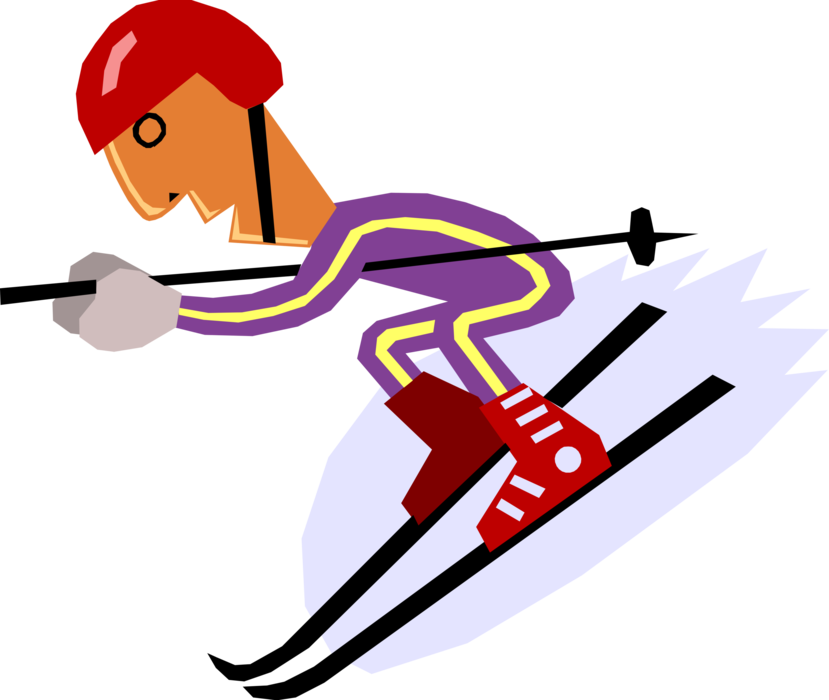 Vector Illustration of Downhill Alpine Skier Swooshes Down the Hill