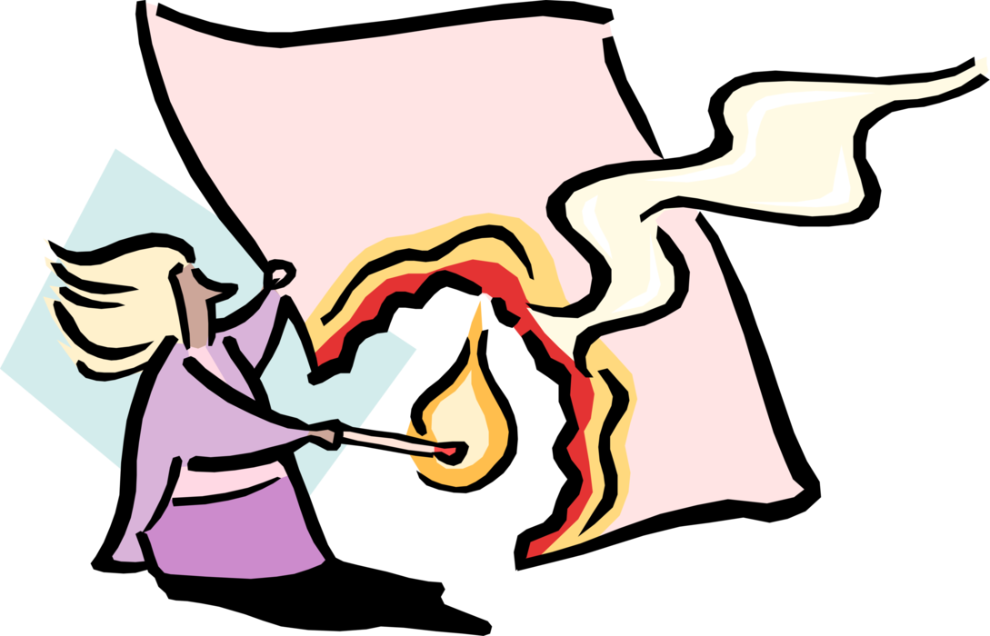 Vector Illustration of Businesswoman Lights Match to Project and Document Goes Up in Smoke