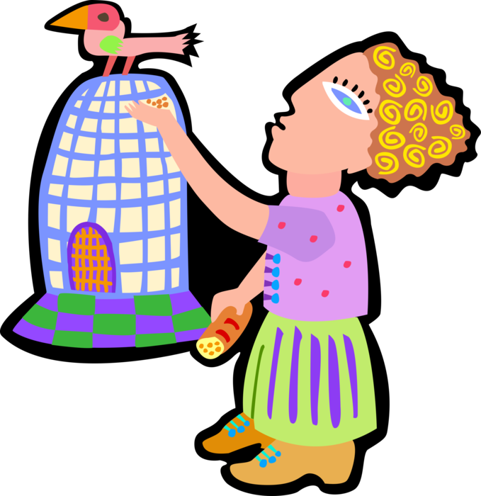 Vector Illustration of Woman with Bird on Birdcage