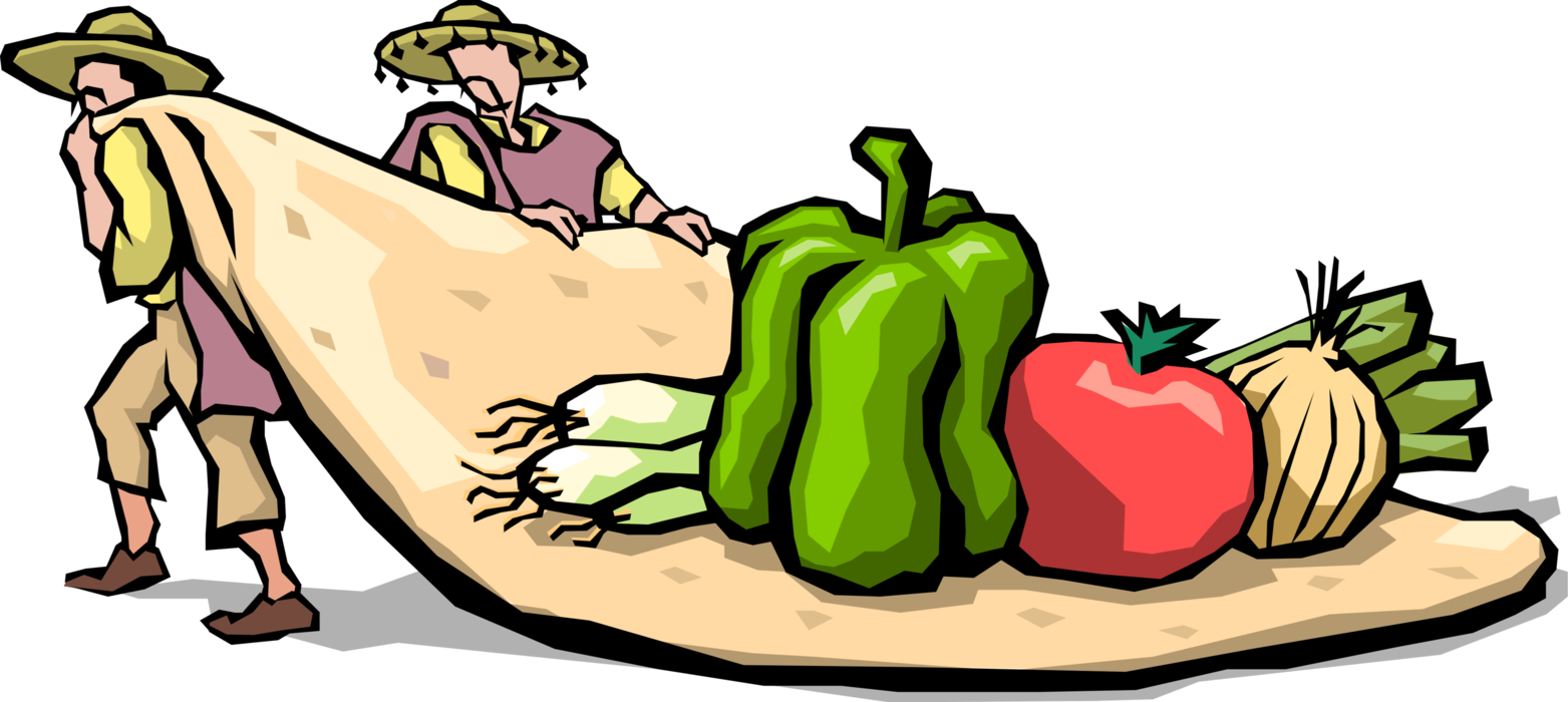 Vector Illustration of Mexican Cuisine Chefs Carry Tortilla with Fresh Vegetable Ingredients