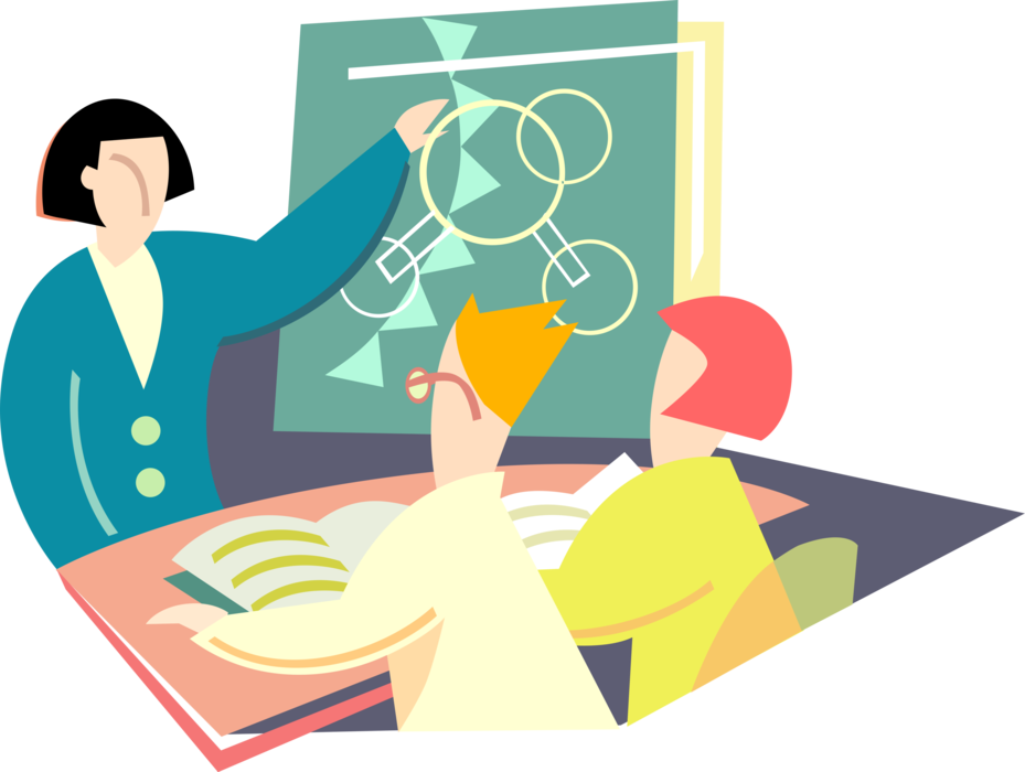 Vector Illustration of Teacher Teaches Children in School Classroom