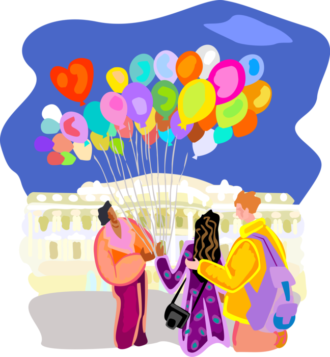 Vector Illustration of Tourists with Balloons at White House Residence of President of the United States, Washington, D.C.