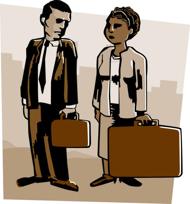 Vector Illustration of Man with Small Briefcase Woman with Large Briefcase "Mine is Bigger Than Yours"