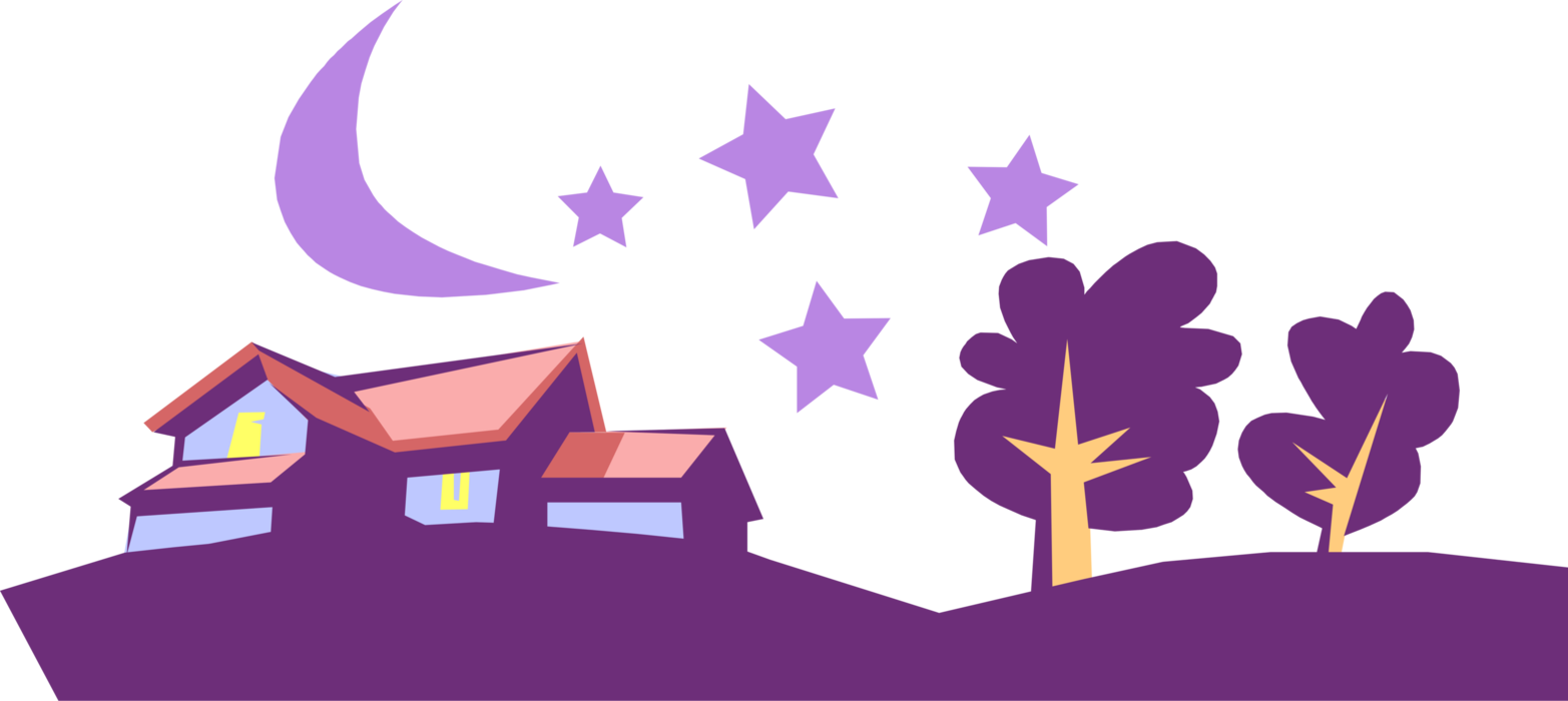 Vector Illustration of Country Home with Moon Trees and Stars